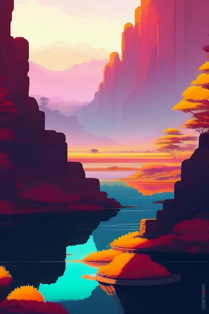 A digital painting of a mountain landscape with a lake in the middle.