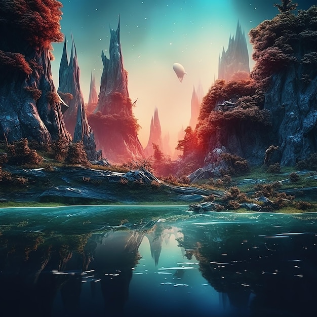 호수와 산을 배경으로 산 풍경을 디지털로 그린 그림.