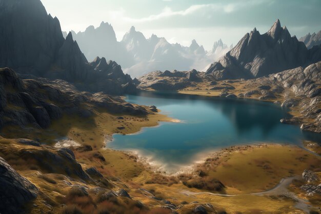 A digital painting of a mountain landscape with a lake and mountains in the background.