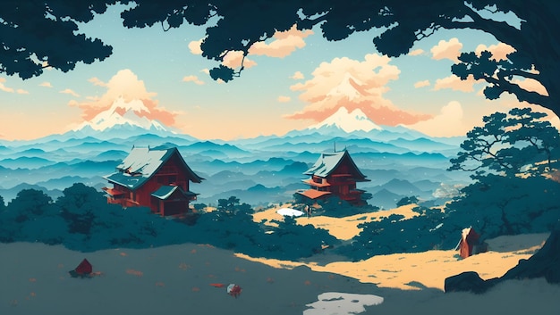 背景に山がある山の風景のデジタル絵画。