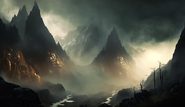 A digital painting of a mountain landscape with a mountain and a river