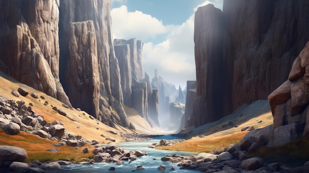 A digital painting of a mountain landscape with a river flowing through it.
