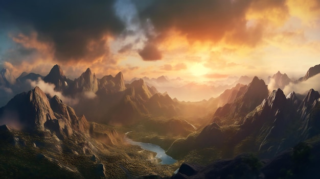 前景に川があり、曇り空のある山の風景を描いたデジタル絵画。