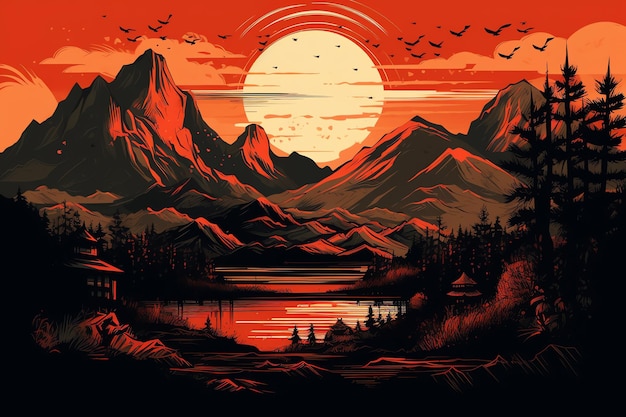 A digital painting of a mountain landscape with a sunset and a house in the foreground.