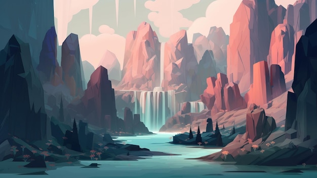 前景に滝のある山の風景を描いたデジタル絵画。