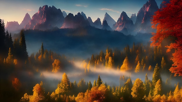 A digital painting of a mountain range with autumn colors.