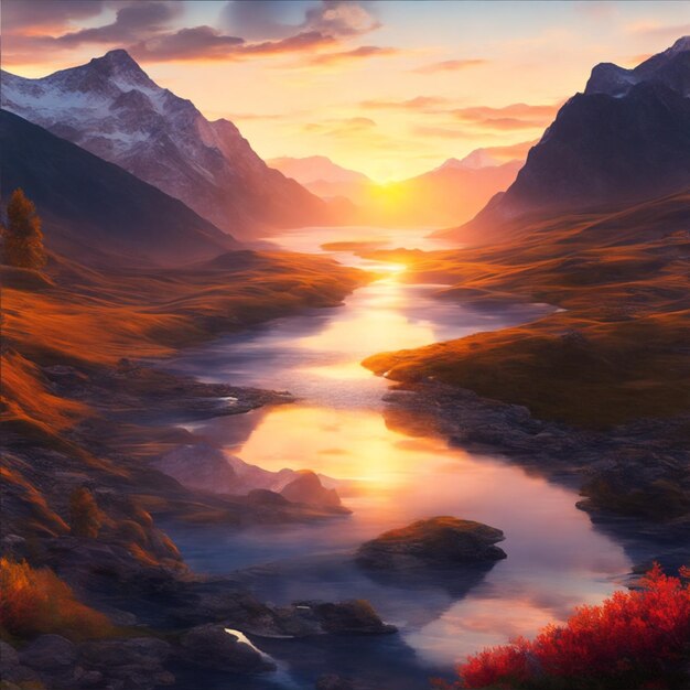 digital painting mountain river runs through a valley with a sunset in the background