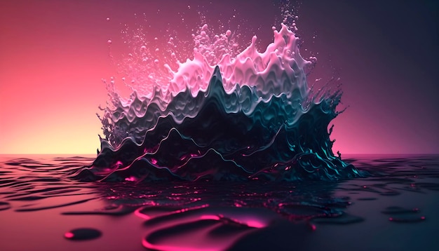 A digital painting of a mountain surrounded by water