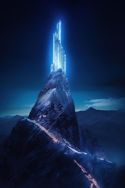 A digital painting of a mountain with a blue glowing crystals