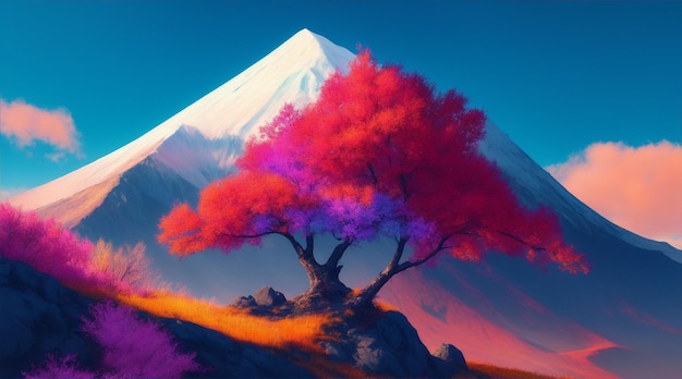 A digital painting of a mountain with a colorful tree in the foreground by Generative AI
