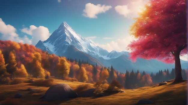 A digital painting of a mountain with a colorful tree in the foreground wallpaper