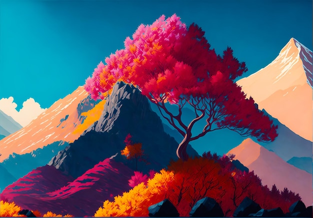 A digital painting of a mountain with a colorful tree in the foreground