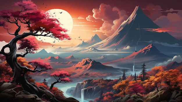 A digital painting of a mountain with a colorful tree in the foreground