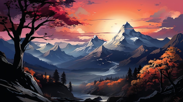 A digital painting of a mountain with a colorful tree in the foreground