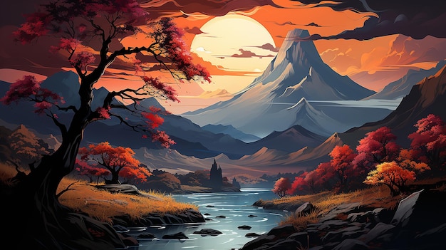 A digital painting of a mountain with a colorful tree in the foreground