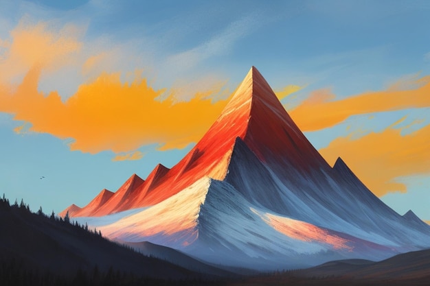A digital painting of a mountain with a colorful tree in the foreground