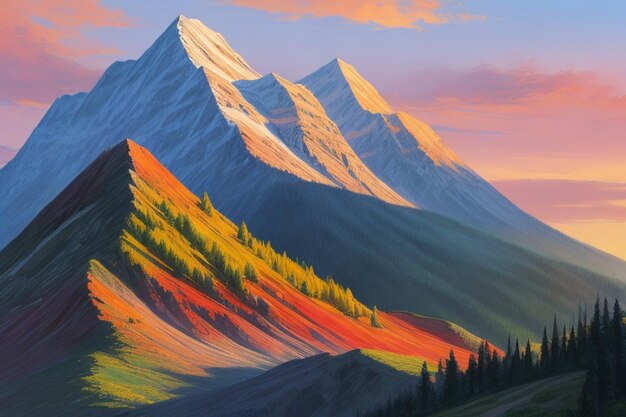 A digital painting of a mountain with a colorful tree in the foreground