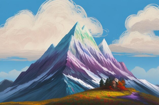 A digital painting of a mountain with a colorful tree in the foreground