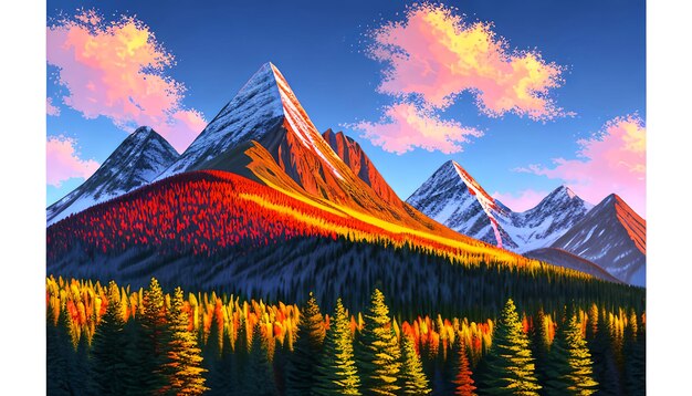 Digital painting of a mountain with a colorful tree in the foreground