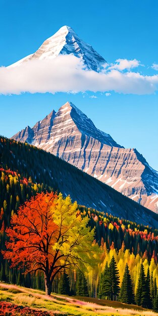 Digital painting of a mountain with a colorful tree in the foreground