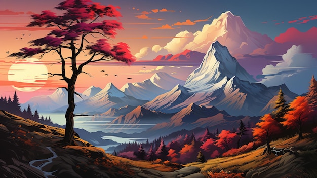 A digital painting of a mountain with a colorful tree in the foreground