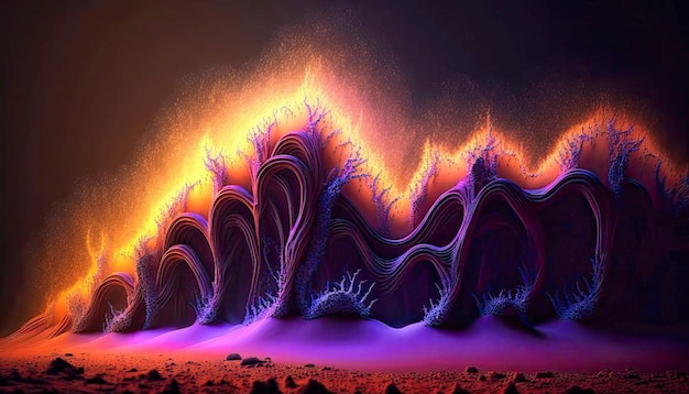 A digital painting of a mountain with a purple background and a large number of shapes.