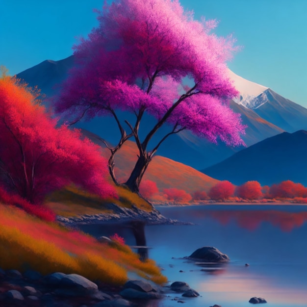 digital painting of a mountain with a river a colorful tree in the foreground