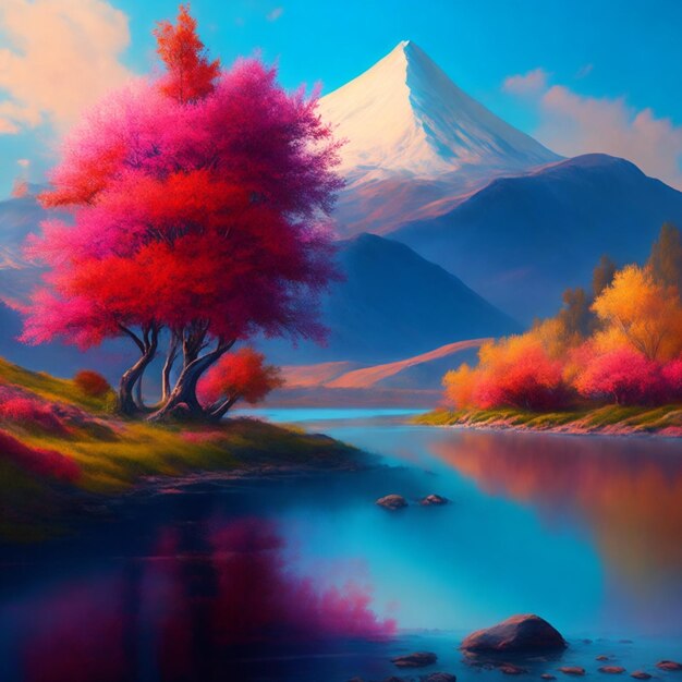 digital painting of a mountain with a river a colorful tree in the foreground