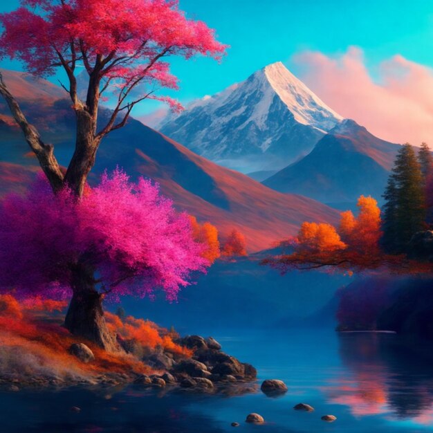 digital painting of a mountain with a river a colorful tree in the foreground