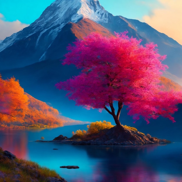 digital painting of a mountain with a river a colorful tree in the foreground