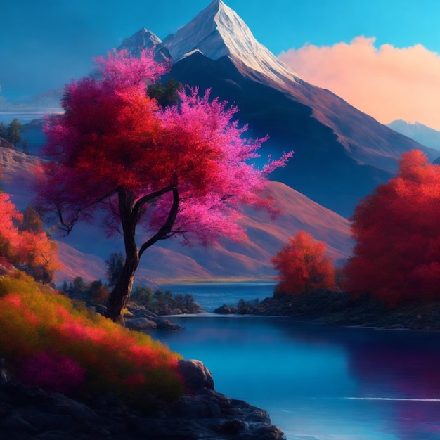 digital painting of a mountain with a river a colorful tree in the foreground