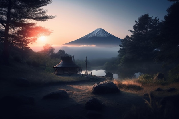A digital painting of a mountain with the sun setting behind it