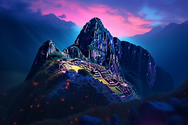 A digital painting of a mountain with the words machu picchu on it