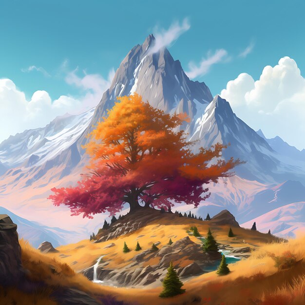 A digital painting of a mountain witha colorful tree in the front