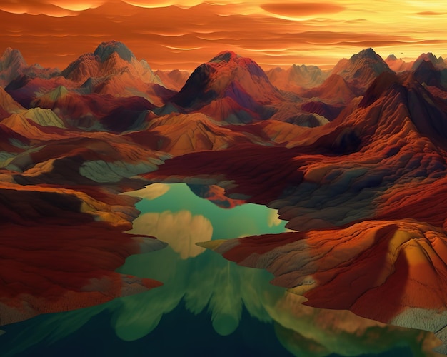 A digital painting of mountains and a lake with a cloudy sky in the background.