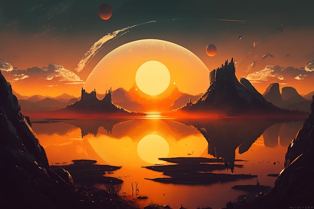 A digital painting of mountains and a sunset