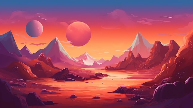 A digital painting of mountains in the sunset.