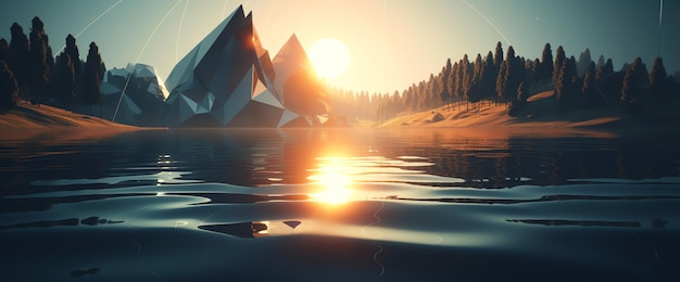 A digital painting of mountains in the water with the sun setting behind them.