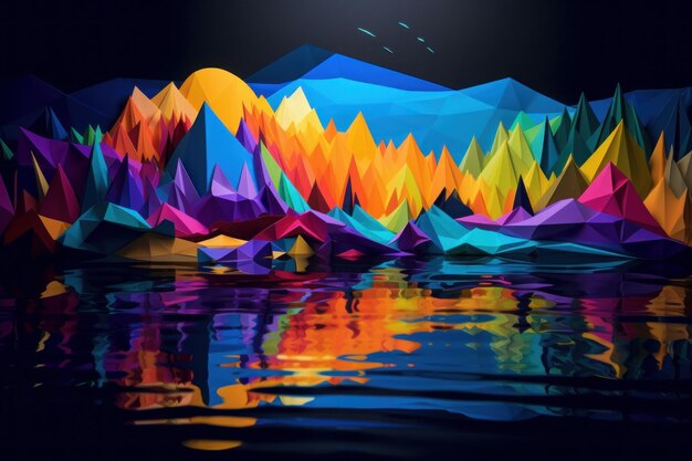 A digital painting of mountains in the water