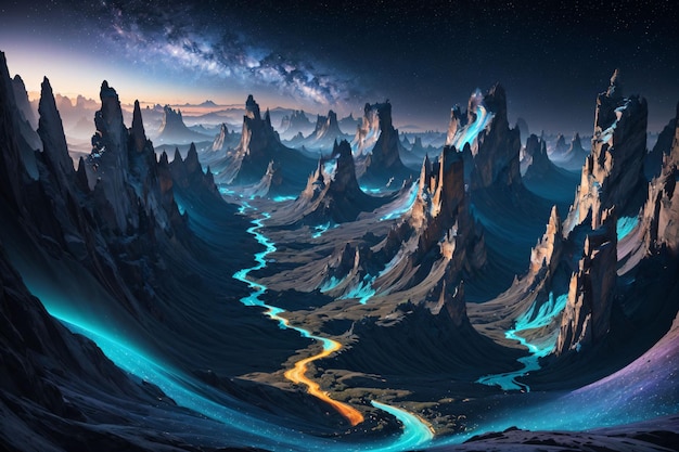 A digital painting of a mountains with blue fluids