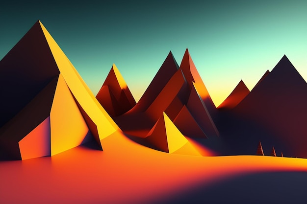 A digital painting of mountains with a blue sky in the background.