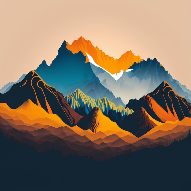 A digital painting of mountains with the sun shining on them.