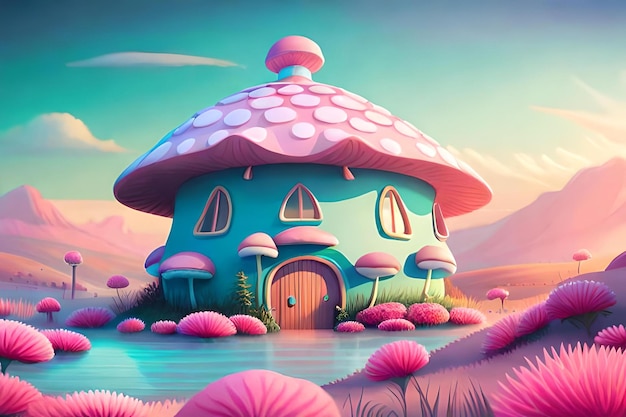 A digital painting of a mushroom house in a fantasy landscape.