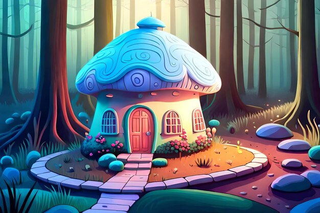 A digital painting of a mushroom house in a forest.