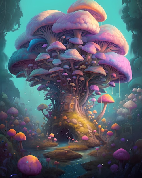 A digital painting of a mushroom house in a forest