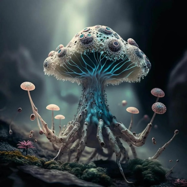 A digital painting of a mushroom with a blue background