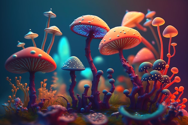 A digital painting of mushrooms in blue and pink.