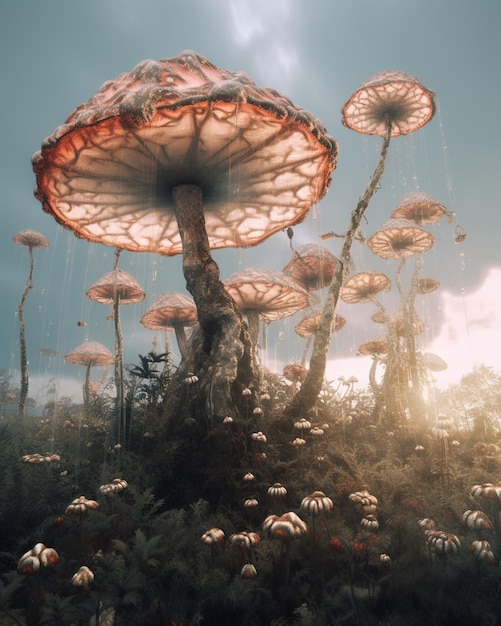 A digital painting of mushrooms in a field with the sun shining on them.