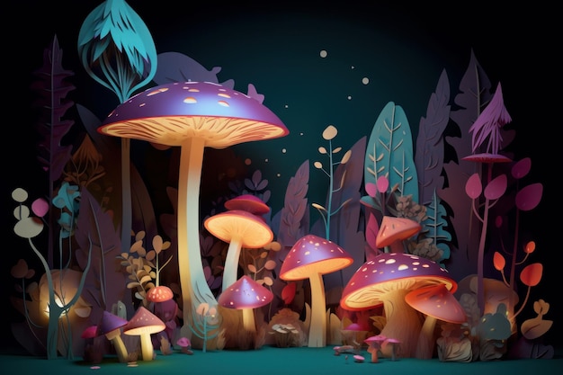 A digital painting of mushrooms in a forest.