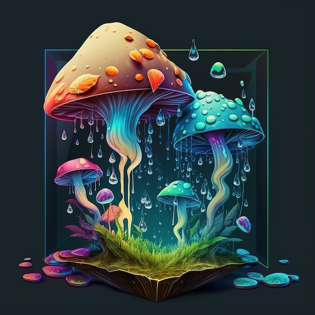 A digital painting of mushrooms with a blue and orange background.